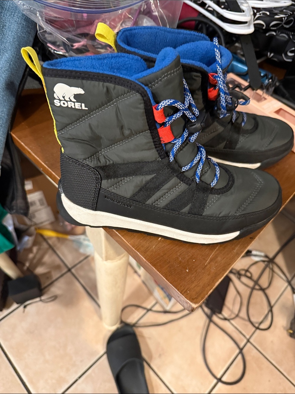 Sorel Kids Black Blue Snow Boots with Yellow Pull Tabs